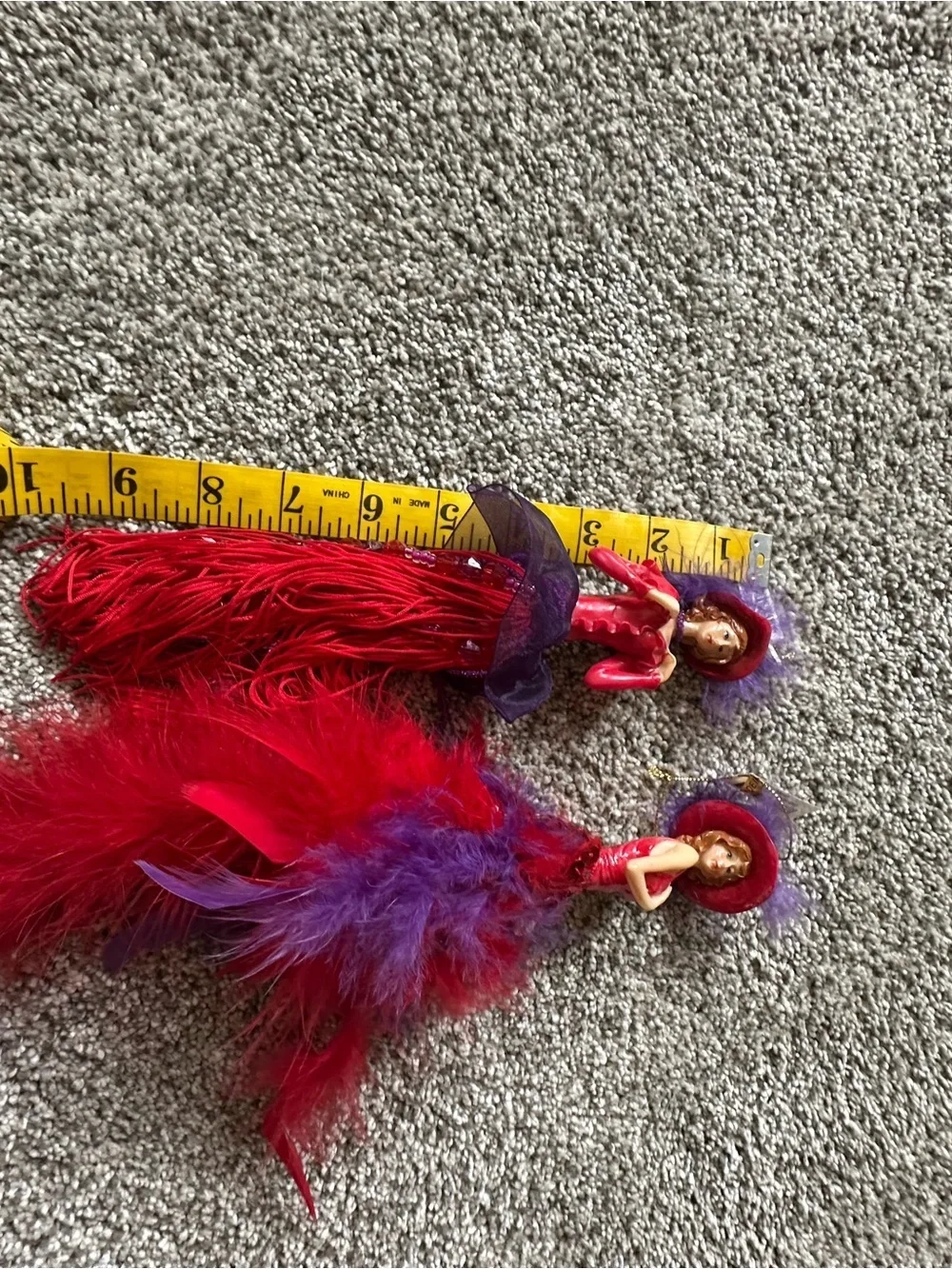 Red Hat Society Ornaments Red and Purple Feathered Doll Pair